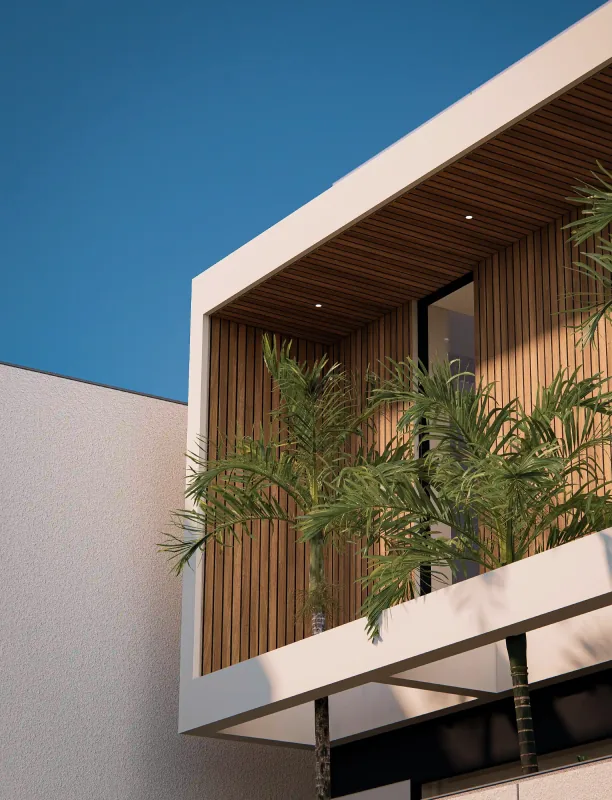 A New Life render: white walls, timber slats and palms under a blue sky