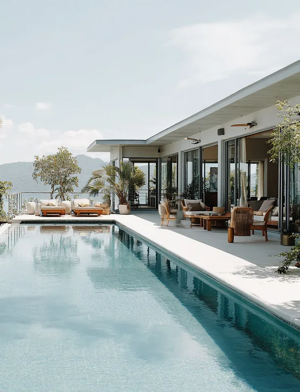 A villa with a swimming pool, terrace and greenery